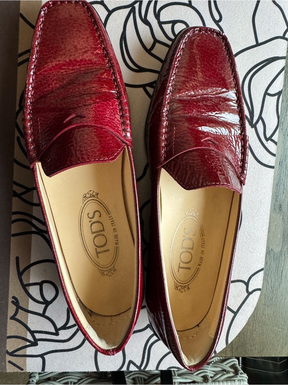 Tod's Women's Burgundy Patent Leather Penny Loafers